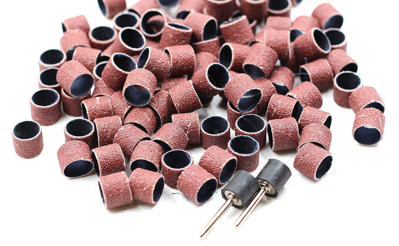 100 Pics Dia 1/2" Sanding Drum Sleeves Set Sand Bands with 2 Mandrel for Pet Dog Nail Grinder Heads Rotary Tool Bits Jewelry Light Polishing Abrasive Tools, Grit 80