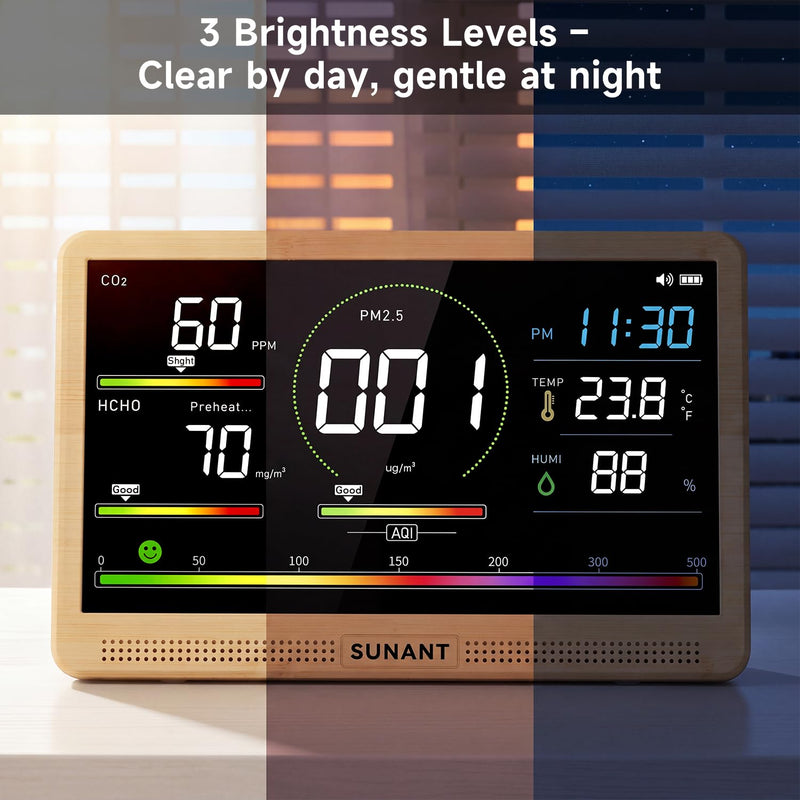 16-in-1 Air Quality Monitor Indoor, 7' Smart Large Display 9 AQI+7 Alarm Alerts, Real Time CO2, Formaldehyde, TVOC, PM2.5, PM10, Temperature & Humidity Portable Battery Powered Tester for Home, Office