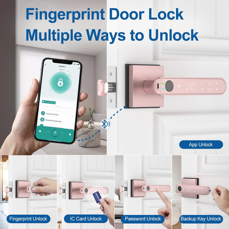 Fingerprint Door Lock, 5 in 1 Finger Print Door Knob with Smart APP/Fingerprint/IC Cards/Password/Backup Keys, Smart Door Knob with Keypad for Bedroom, Office, Apartment, Rose Gold