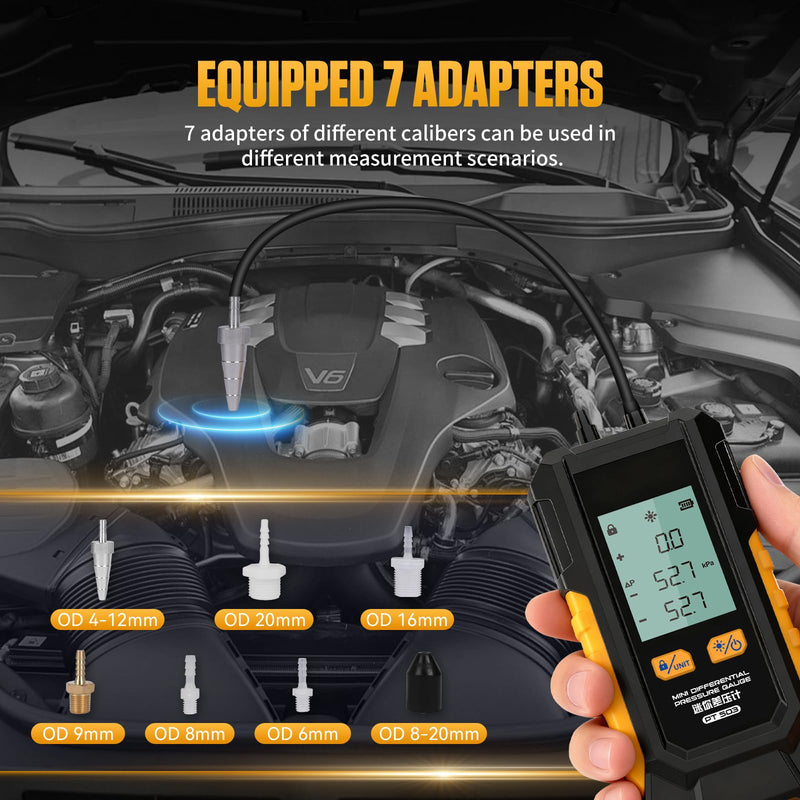 PT503 Manometer Gas Pressure Tester,Dual-Port HVAC Digital Manometer with Range of -100 to 200 KPa, 6 Units, Data Retention, 7Adapters PT503