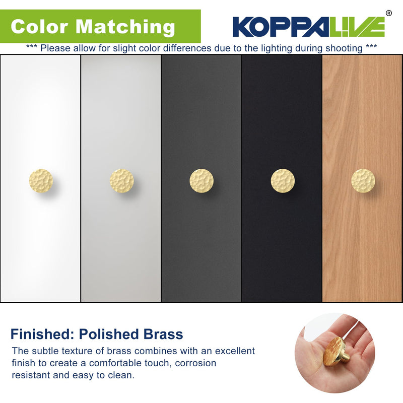 10-Pack Modern Gold Cabinet Knobs, Hammered Solid Brass Drawer Knobs, Round Dresser Drawer Pulls and Handles, Kitchen Cabinet Hardware, Diameter 1-3/16 Inch 10 Shiny Hammered Gold