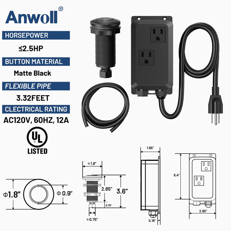 Garbage Disposal Air Switch Kit -Professional- Dual Outlet, Sink Top Waste Disposer On/Off, Garbage Disposal Button, Brass Made Cover, UL Listed Matte Black LONG/3.6"
