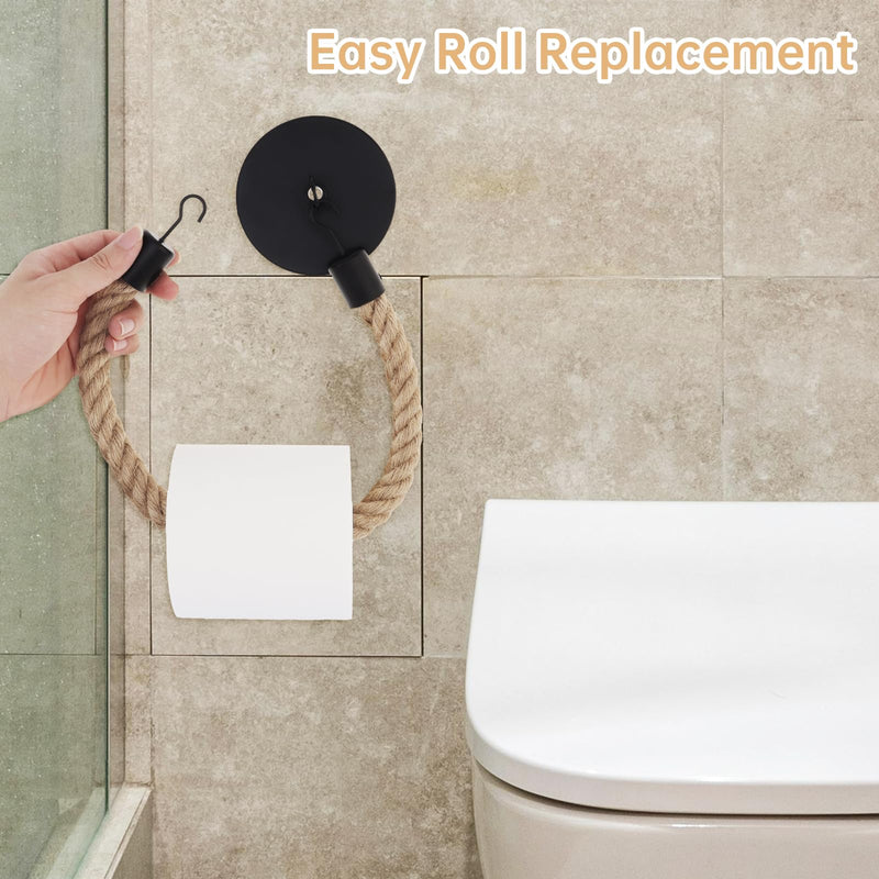 2 Pack Nautical Retro Hand Towel Ring Rope Toilet Paper Holder Wall Mounted for Bathroom or Kitchen,Pipe Rope Towel Ring,19.7 Inch Rope Tissue Holder (Iron, 2)