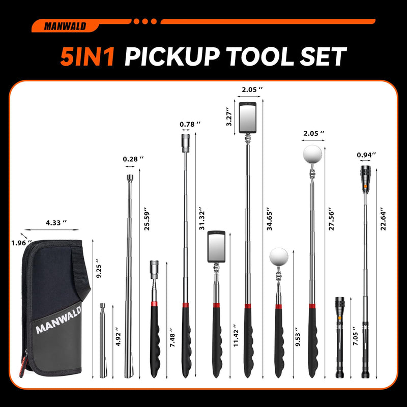 Telescoping Magnetic Pickup Tool Set with Portable Bag, Extendable Flashlight with 360° Inspection Mirror, Christmas Gifts Stocking Stuffers for Men, Mechanics, and Handymen, Grey
