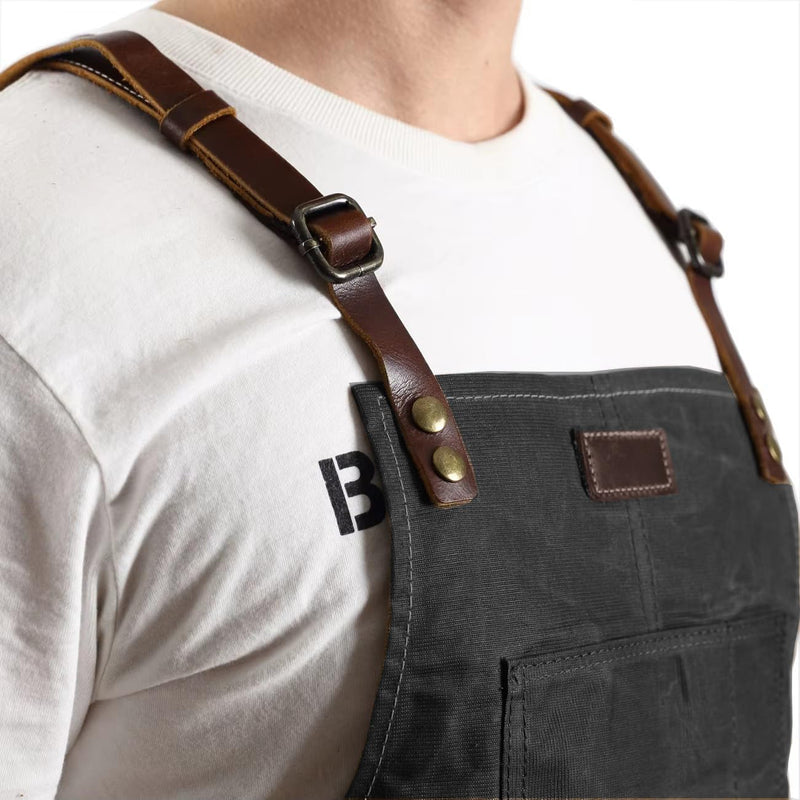 One Size Fits Utility Apron Adjustable Cross-Back Straps Multi-Use Portable Waxed Canvas Aprons With 5 Tool Pockets. Black