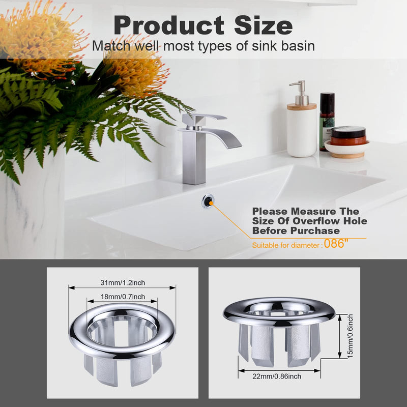 2 Pack Sink Overflow Ring, ARCORA Bathroom Kitchen Sink Basin Trim Overflow Cover Hole Insert Cap Chrome Chrome-2 Pack