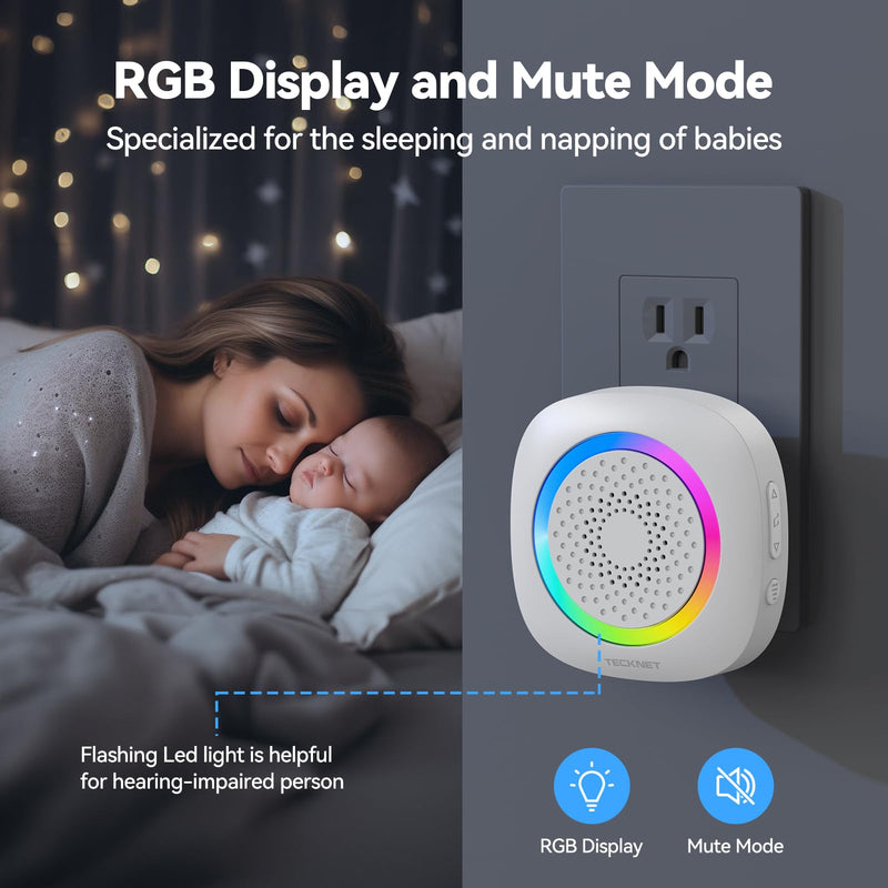 TECKNET Door Chime When Door Opens, Wireless Door Sensor Alarm Chime with 1000Ft Range, 61 Songs, 5 Volume Levels, RGB Light, Door Bells Chimes for Business/Store/Home/Office Entry Security Alarm 1 Receiver+1 Sensor White
