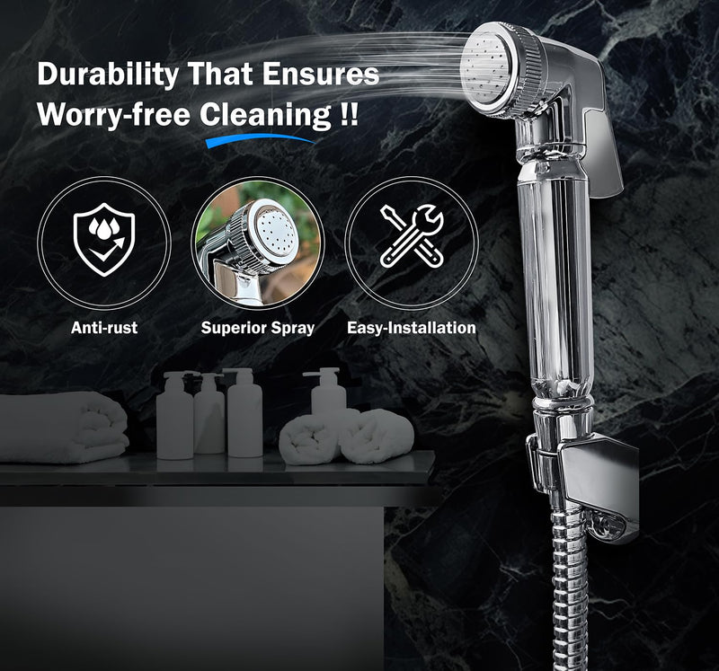 Handheld Toilet Bidet Sprayer - Shattaf Set, Jet Spray with Easy Installation, Muslim Shower for Feminine wash, Baby Cloth Diaper, Personal Hygiene, 120cm Stainless Steel Hose Pipe, Chrome