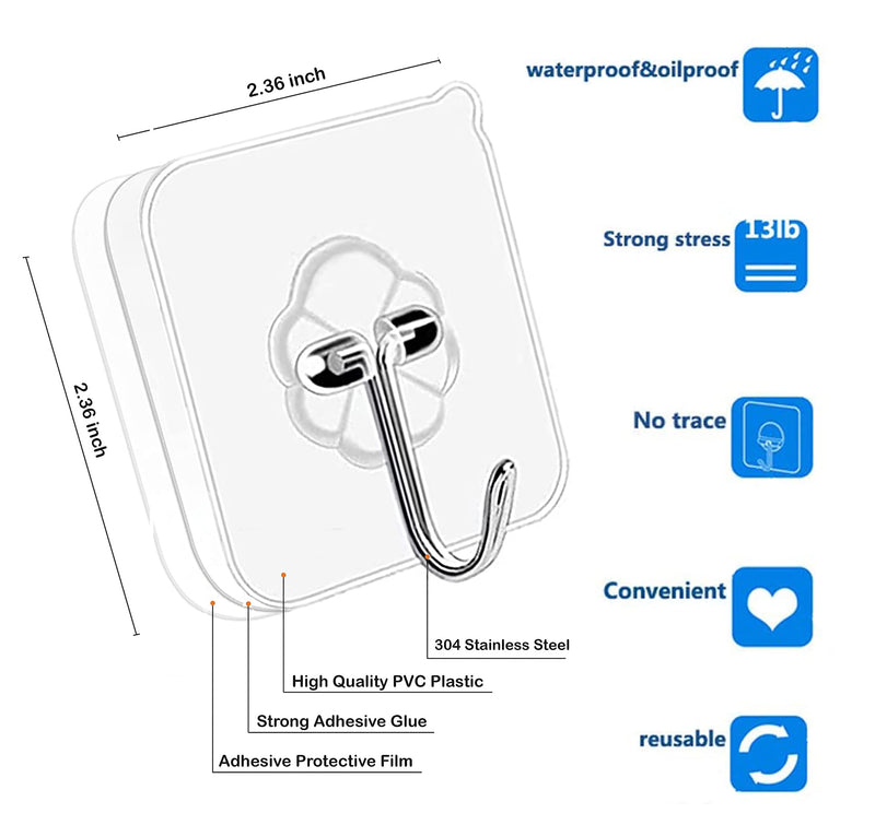 Adhesive Hooks Kitchen Wall Hooks - 24 Packs Heavy Duty 33lb(Max) Nail Free Sticky Hangers with Stainless Hooks Waterproof and Oilproof Reusable Utility Towel Bath Ceiling Hooks