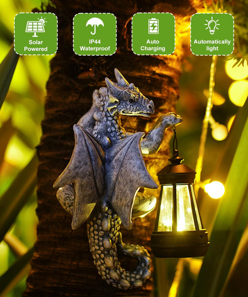 Dragon Tree Hugger with Solar Lantern - 9.3 Inch Resin Statue for Outdoor Garden Decor - Ideal Housewarming & Birthday Gifts for Grandma Mom Women Gray