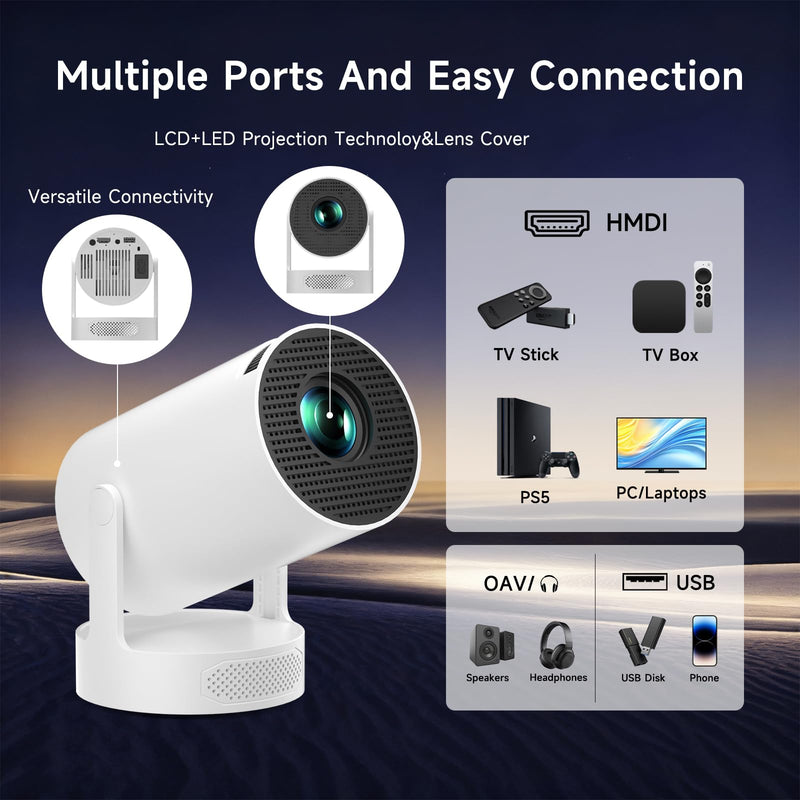 SGV Smart Mini Projector for Bedroom, 4K Support, Portable Outdoor Projector with Android 12, WiFi and Bluetooth 5.2, Auto Keystone, for Home Theater Outdoor Movie