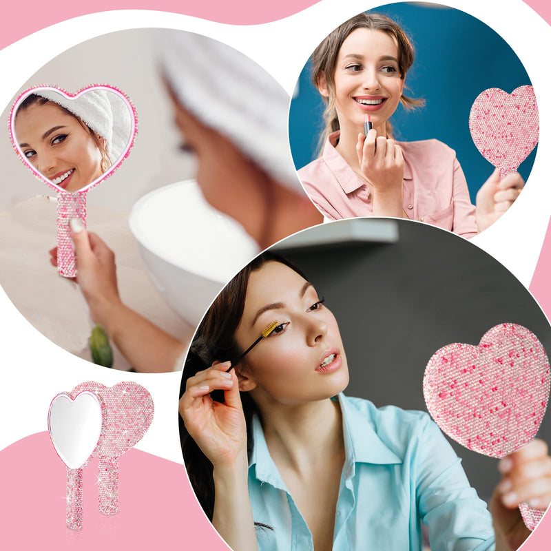 Thyle 4 Pcs Rhinestone Handheld Mirror and Bling Hair Brush Set 2 Cute Heart Shaped Mirror 2 Wet and Dry Hair Brush for Women, Girls Bride, Bridesmaid Gift(Pink)