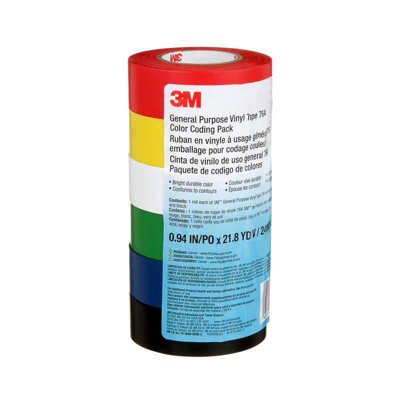 3M General Purpose Vinyl Tape 764, Color Coding Pack, 6 Roll per Pack Multicolor 6 Pack