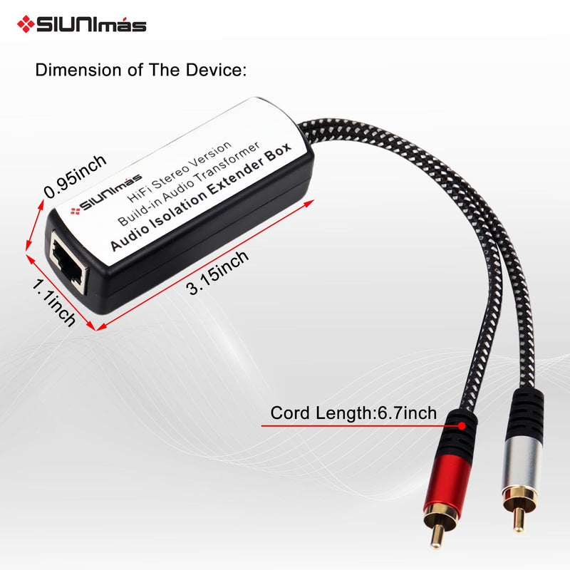 One Pair Pro Network RJ45 RCA Stereo Audio Extender Box Signal Converters Build-in Audio Isolators Connecting Over Cat5 / Cat6 etc with Quality Nylon Braided RCA Cords SIM-RJ45-RCA TO RCA (M-M)