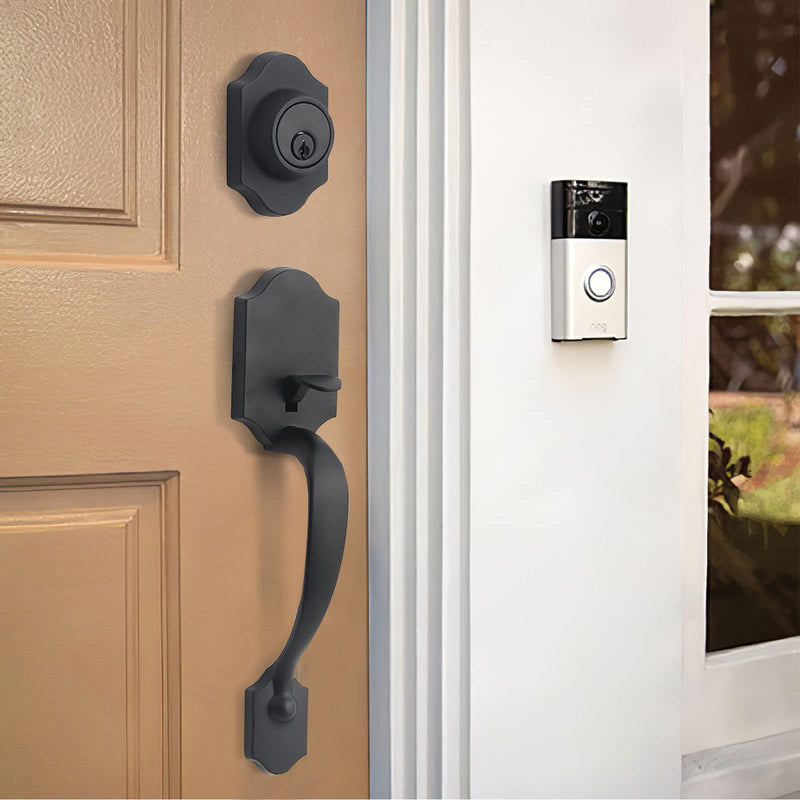 Door Handle Set - Matte Black Exterior Handle Lever for Front or Office Door (L16511-B-S721) Traditional (Wave-Like Lever)