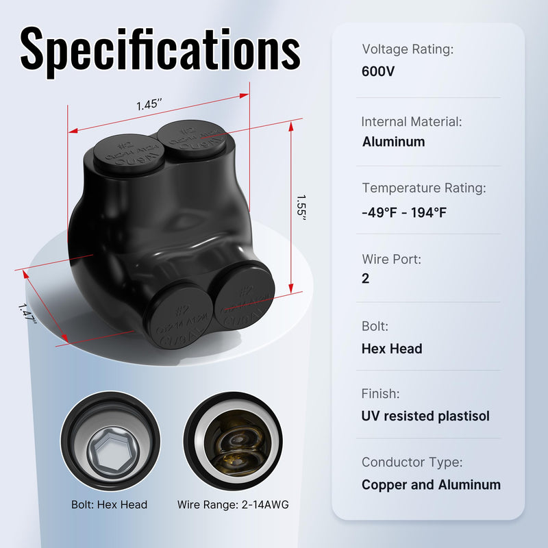 2 Port Insulated Connector Multi Tap Connector 2-14 AWG Aluminum to Copper Wire Connectors Single-Sided Entry Slotted Allen Hex - 6 Pack 6PCS 2 port 2-14 AWG