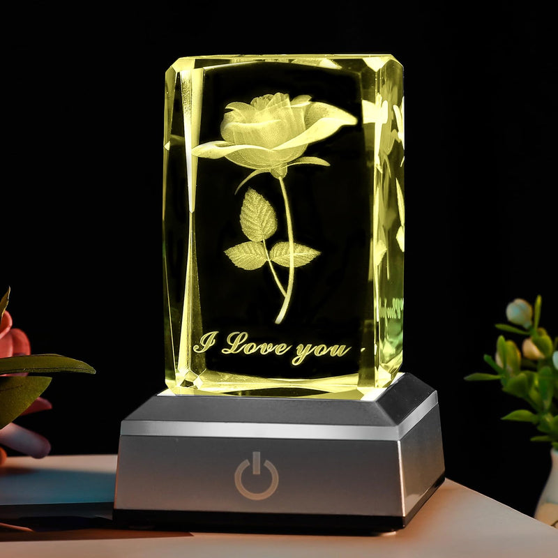 BAHUJIDA 3D Rose Crystal with LED Color Lamp, Mothers Day Gift，Birthday Present for Girlfriend, Wife, Mother, Friendship and Love Commemorate Unique Anniversary Rose Rose 1