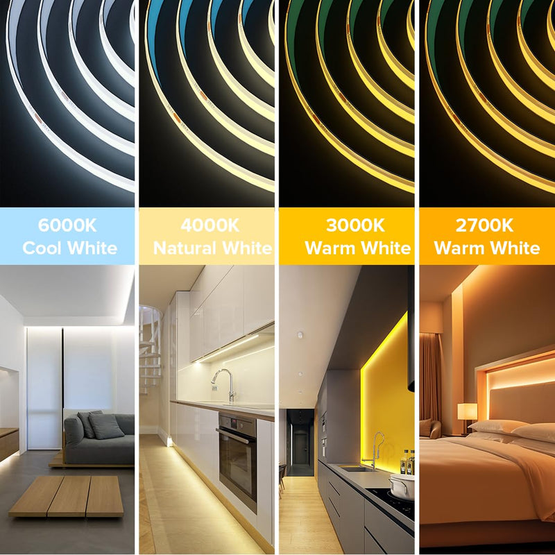 BTF-LIGHTING FCOB COB LED Strip 528LED/m Flexible High Density Uniform Light 14W/m 16.4FT DC24V Warm White 3000K CRI 90+ 10mm Width for Home Indoor Decoration(No Adapter or Controller) Warm White 3000K IP30 16.4FT DC24V 528LED/m