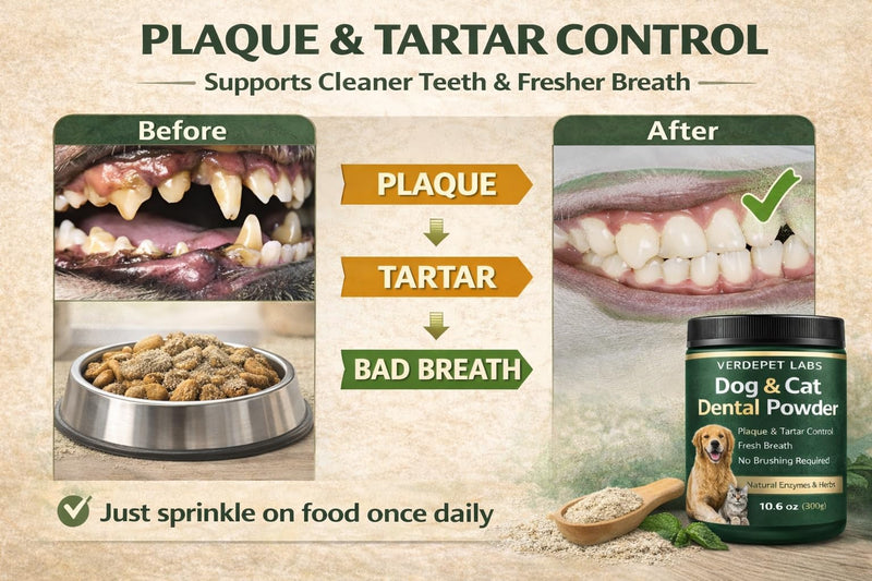Large 10.6 oz Dog & Cat Dental Powder – Fresh Breath, Plaque & Tartar Support – Easy Sprinkle on Food- Oral Care Formula.