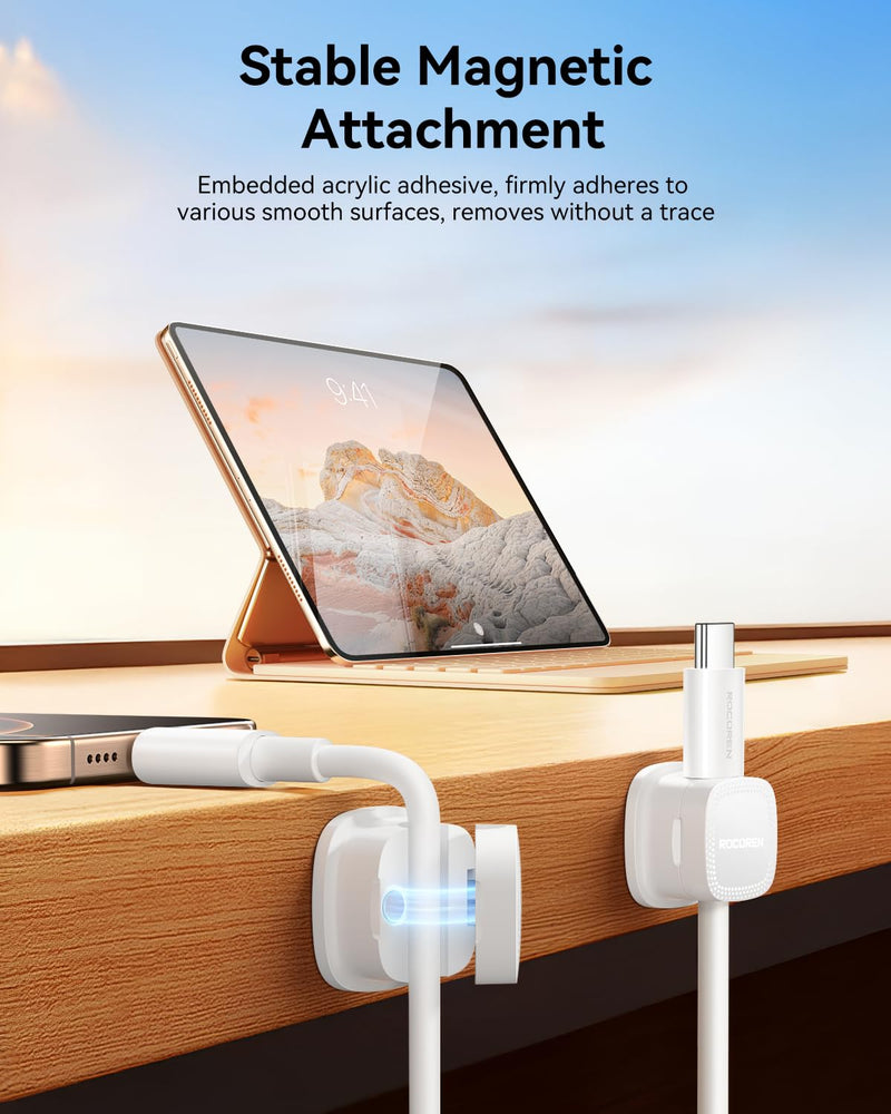 6-Pack Magnetic Cable Clips Cord Organizer-Cable Smooth Adjustable, Rocoren Desk Cable Management Accessories,Cable Holder Clips Wire Holder Keeper for Desktop,Nightstand,Wall,Home Office,Phone,Car 6white 6Pack