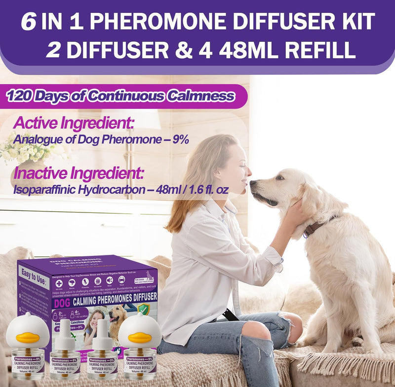 Dog Calming Pheromones Diffuser & 6 in 1 Kit Appeasing Dog Pheromone Diffuser Kit to Calm (2 Plug in+4 x48ml Refill) Calming Diffuser for Dog Reduce Anxiety Fighting Barking Stress 120 Day Supply Purple