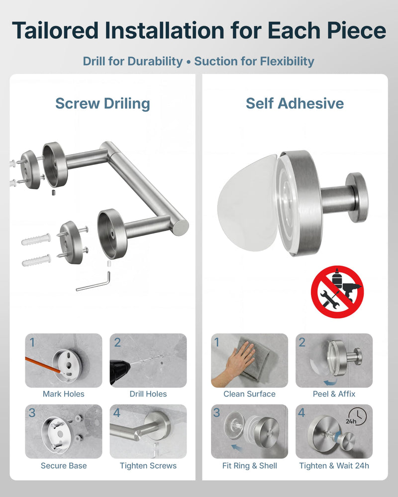 RARXTR 3PCS Bathroom Hardware Set, Brushed Nickel Wall Mounted Toilet Paper Holder, 2 Suction Cup Towel Hooks, Bathroom Accessories SUS 304 Stainless Steel, Rust-Proof, Modern
