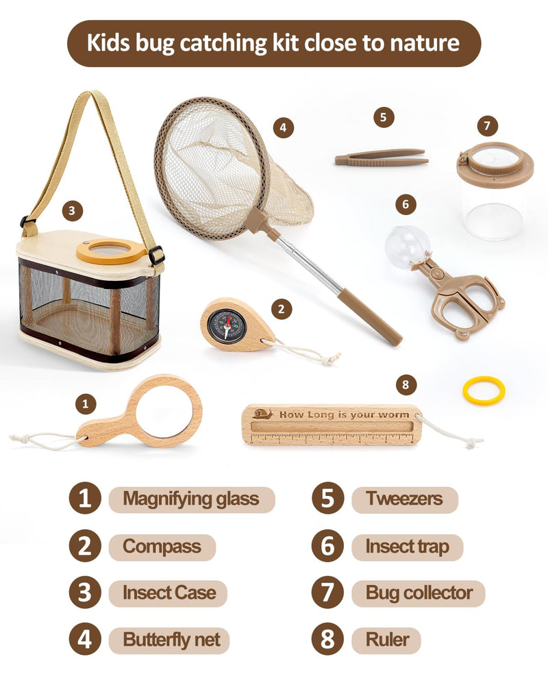 Wooden Bug Catcher Kit for Kids, Outdoor Explorer Nature Discovery Set with Butterfly Net, Bug Habitat & Magnifying Glass, Backyard Camping Outdoor Toys, Ages 3–12, Also Suitable for Toddlers