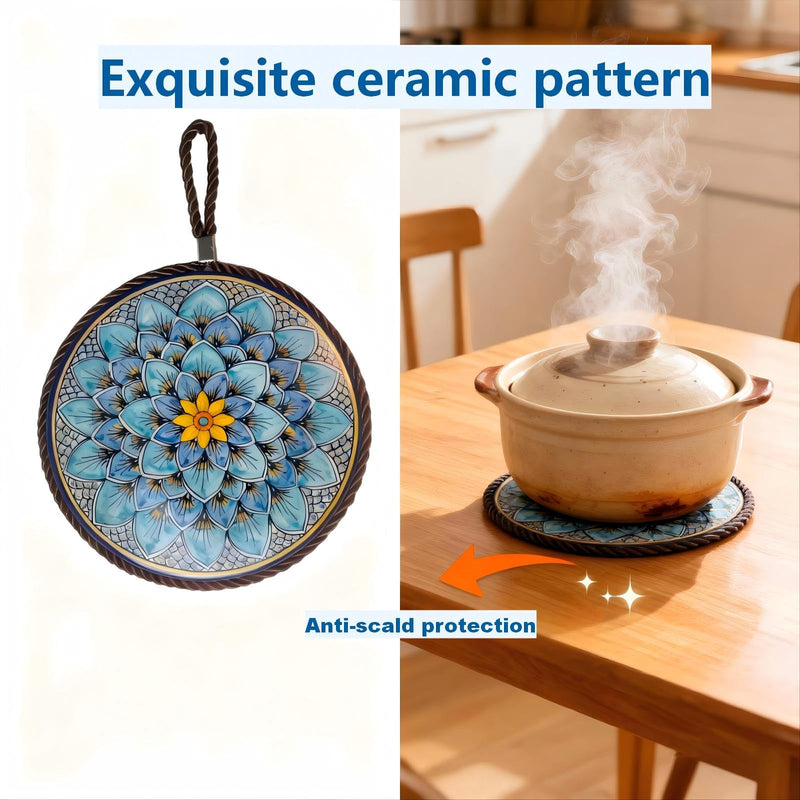Ceramic Cork Trivet 6.7 Inch (17cm)-Heat Resistant Non-Slip Hot Pad for Dishes, Kitchen Table Insulation Mat 4 Pieces Set. (Prosperous Lotus) Prosperous Lotus