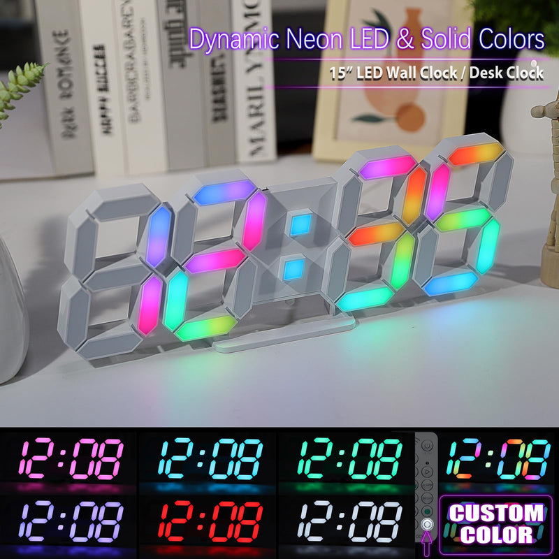 KOSUMOSU LED Wall Clock 15" RGB Digital LED Clock for Living Room Decor, Large Display Gaming Room Clocks, Dimming/12/24 Hr Time/Date/Temp/Remote (White Clock with Neon Light) 15in Wall Clock-neon Light