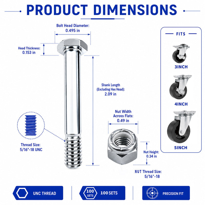 HKlanyue5/16 x18x2-9/100,Caster Wheel Bolt and nut， Carbon Steel, Galvanized, hex Head Screw, Suitable for handcarts, Replacement hub Bolt (100) 100