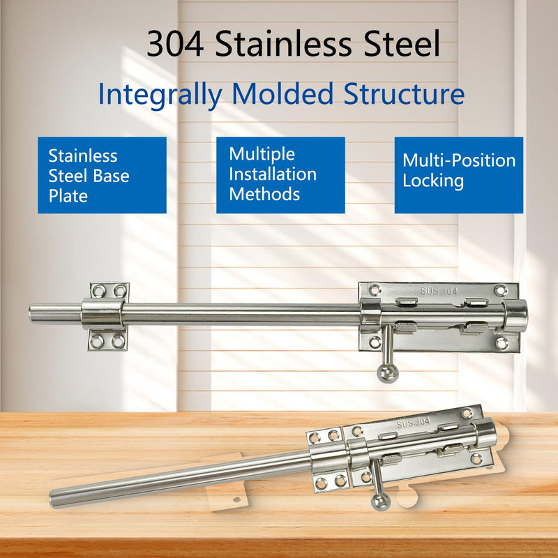 2PCS 304 Steel Silver 12" Slide Bolt Latches, Heavy-Duty 304 Stainless Steel Gate Door Slide Latches