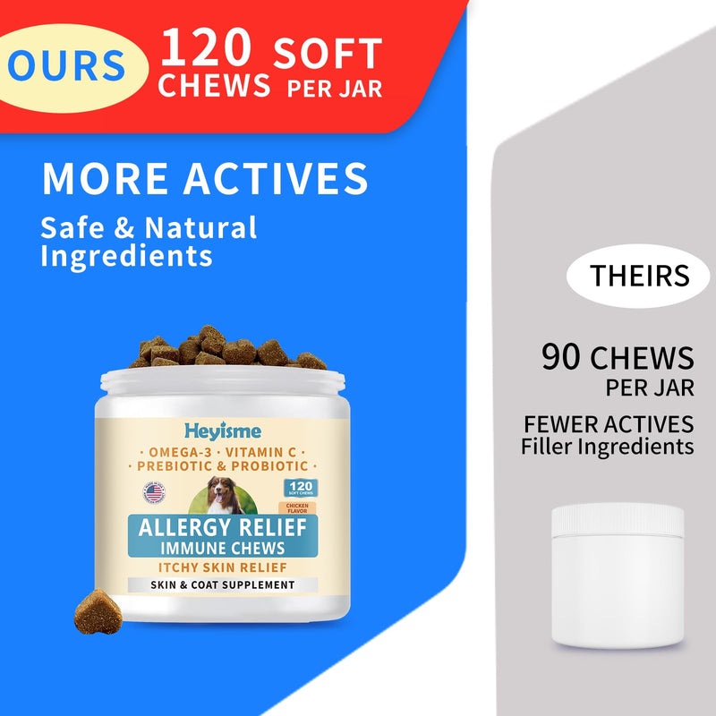 Dog Allergy Relief Chews, Itch Relief, Probiotics for Dogs, Omega-3 Fish Oil, Seasonal Allergy and Itchy Skin Treatment, Immune Support Supplement (120 Chews, Chicken) 120 Chews