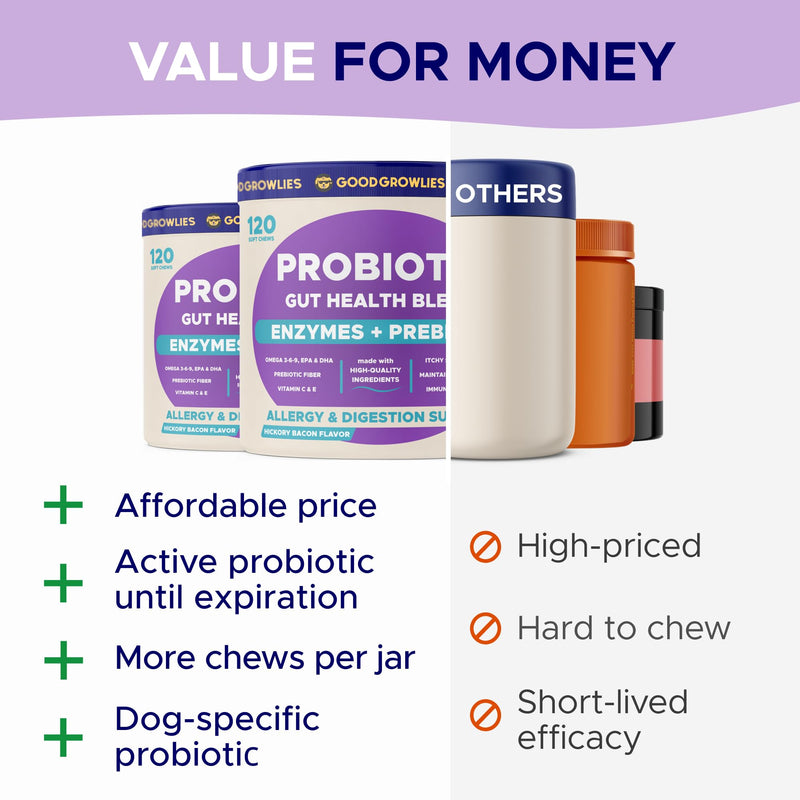 Probiotics for Dogs Gut Health & Digestive Function Support - Probiotic Chews w Pumpkin & Omega - Upset Stomach & Gas Relief, Constipation, Canine Prebiotic Supplement Hickory Bacon 120 Probiotics Chews - PawsPlanet Australia