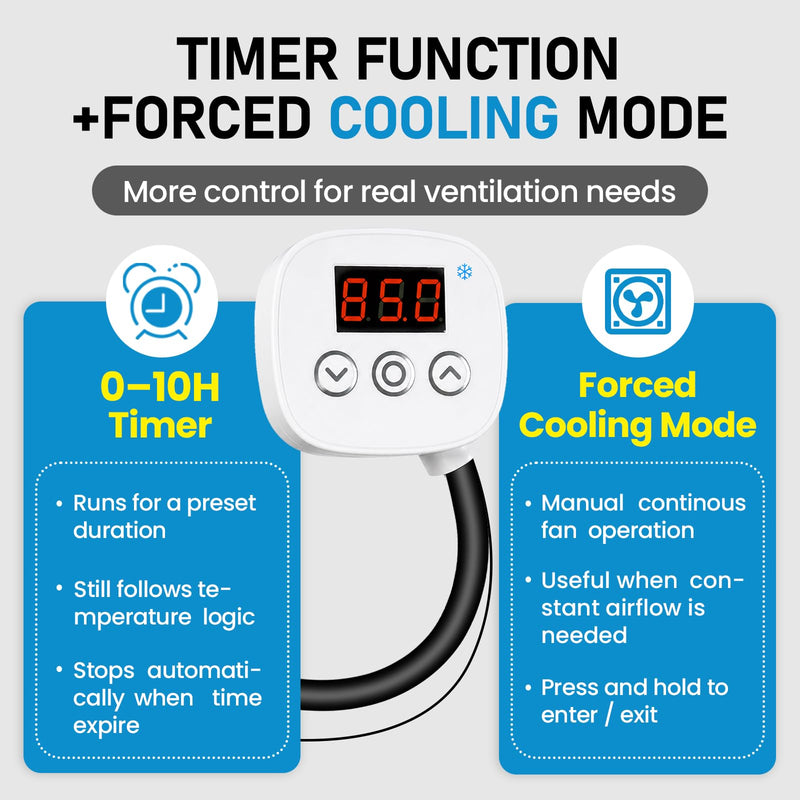 Digital Cooling Thermostat Outlet, 120V Plug-in Temperature Controller for Attic Fan and Exhaust Fan, Precise Temperature Control, 0–10H Timer, Forced Cooling