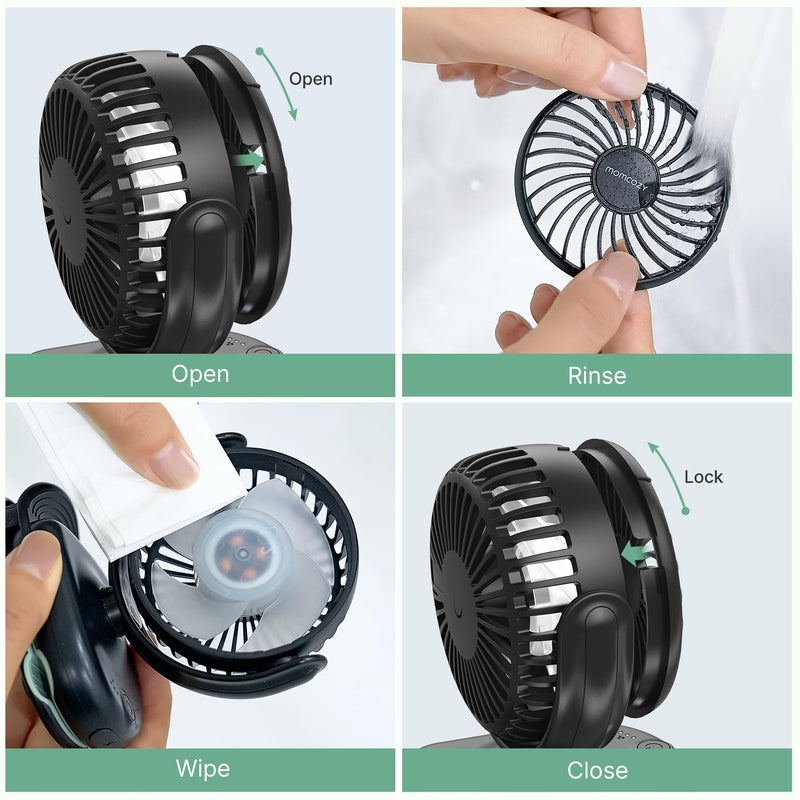 Momcozy Portable Stroller Fan with Clip | 4-Speed Mini-Fan for Carrier | Personal Fans Ultra Light 0.26lb | Gaps ≤4.5mm | Handheld Cooling | Rechargeable Rotate for Diaper Backpack/Table/Chair Black