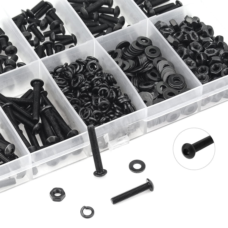 560 Pieces M3 x 5mm /6mm /8mm /10mm /12mm /16mm /20mm, Button Head Socket Cap Screws Bolts Washers Nuts Kit, 10.9 Grade Alloy Steel, Full Threaded, Black