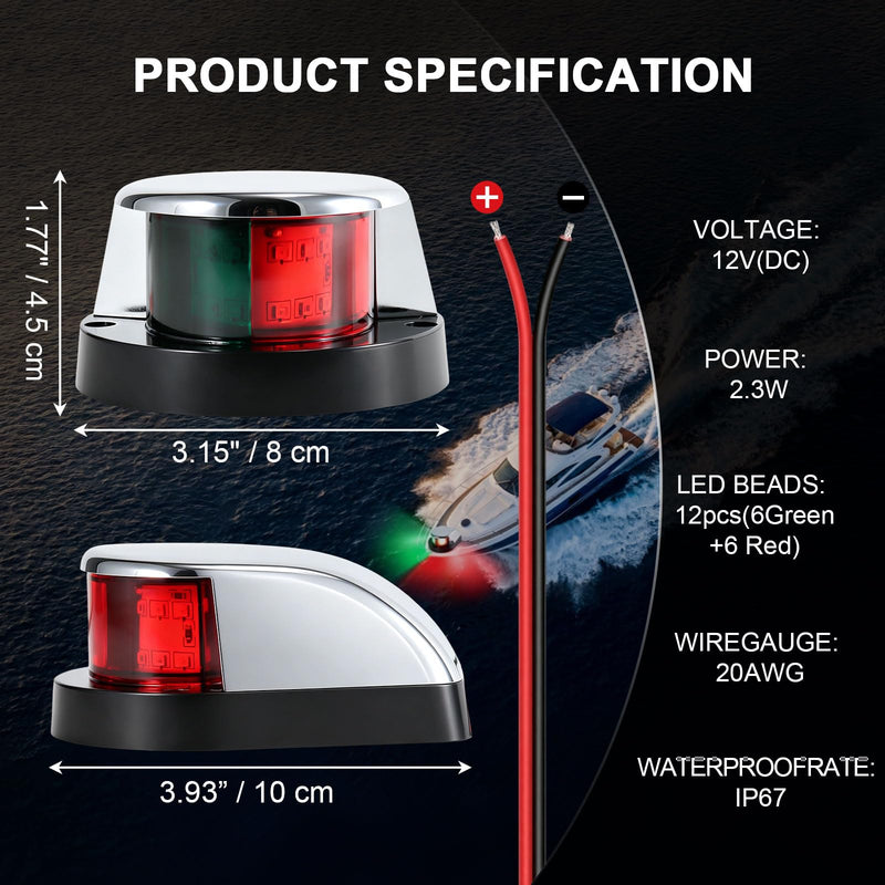 AnTom Marine LED Boat Navigation Lights, Red and Green Port & Starboard Signal Bow light, IP67 Waterproof 12V Teardrop USCG 2NM Visibility for Pontoon, Fishing, Bass Boat, Yacht