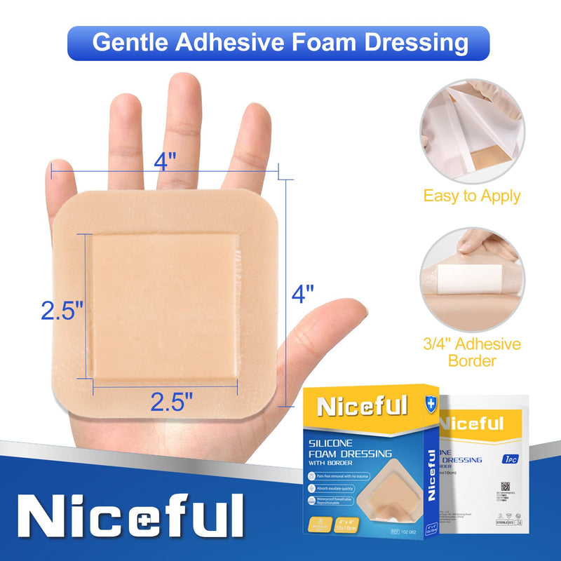 Silicone Foam Dressing 4"x4", Waterproof Silicone Bandages with Border Adhesive, High Absorbency Bed Sore Bandages Wound Care Dressing (2.5"X2.5" Pad), 5 Packs, FSA HSA Eligible 4x4 Inch (5 Pcs)