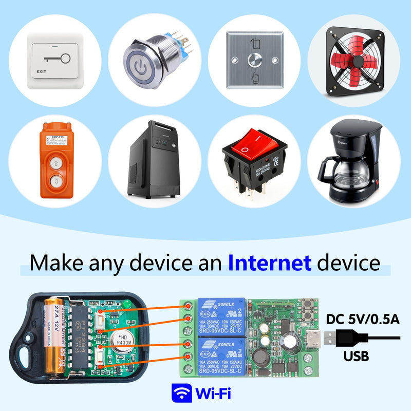 DieseRC 2 Channels WiFi Smart Switch, DC 5V 12V 24V 36V Passive Output Relay Module Ewelink APP WiFi Control Compatible with Alexa/Google Home, Inching/Self-Locking Switch EW-2CH