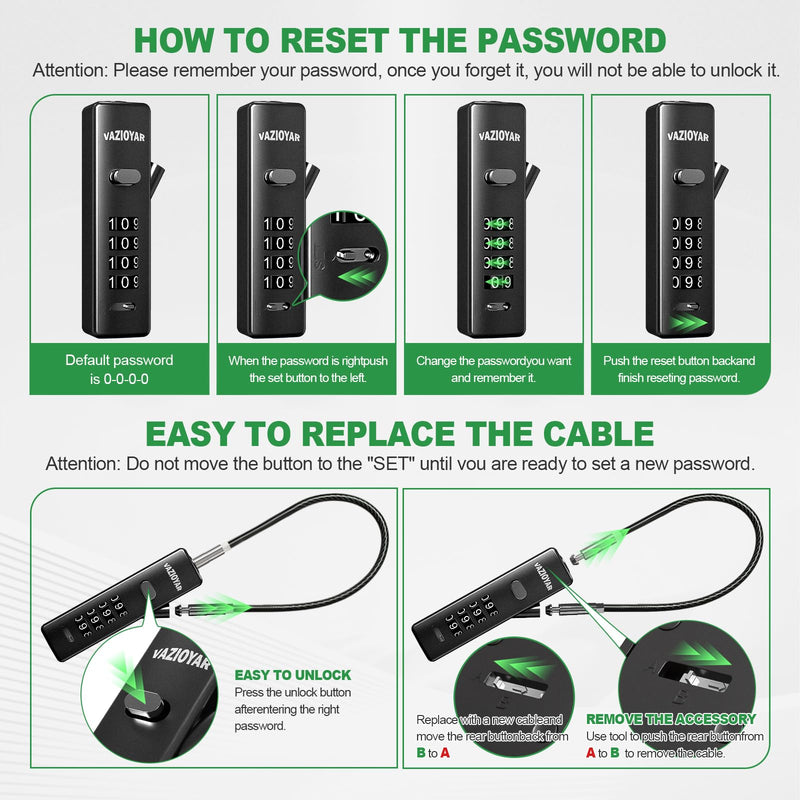 Cable Locks with Combination,Bicycle Lock, Suitcases Lock,Comes with 3 Different Lengths of Cables, Reconfigurable 4-Digit Password Lock,Zinc Alloy Reinforced Lock Body (Black) Black