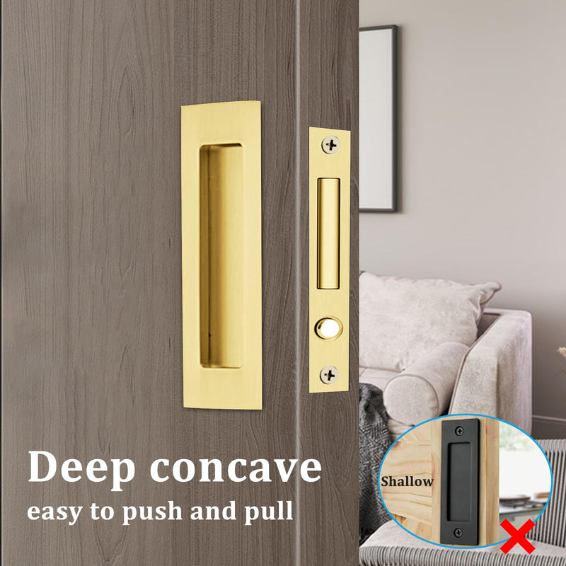 Dontay Sliding Pocket Door Handles, 304 Stainless Steel Non Locking Pocket Door Hardware, Recessed Flush Finger Pulls, Heavy Duty Edge Pull with Pop Out Ring Pull (Satin Brass (2 Set), 4.72 Inch) Satin Brass (2 Set)