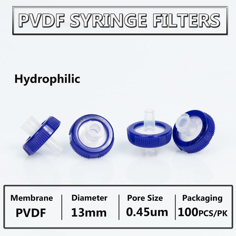 Syringe Filters PVDF Hydrophilic Filtration 0.45um 13mm Membrane Diameter Lab PVDF Membrane Disc Non-Sterile by Labfil, Pack of 100 13mm Syringe filter 0.45um PVDF Hydrophilic Filtration