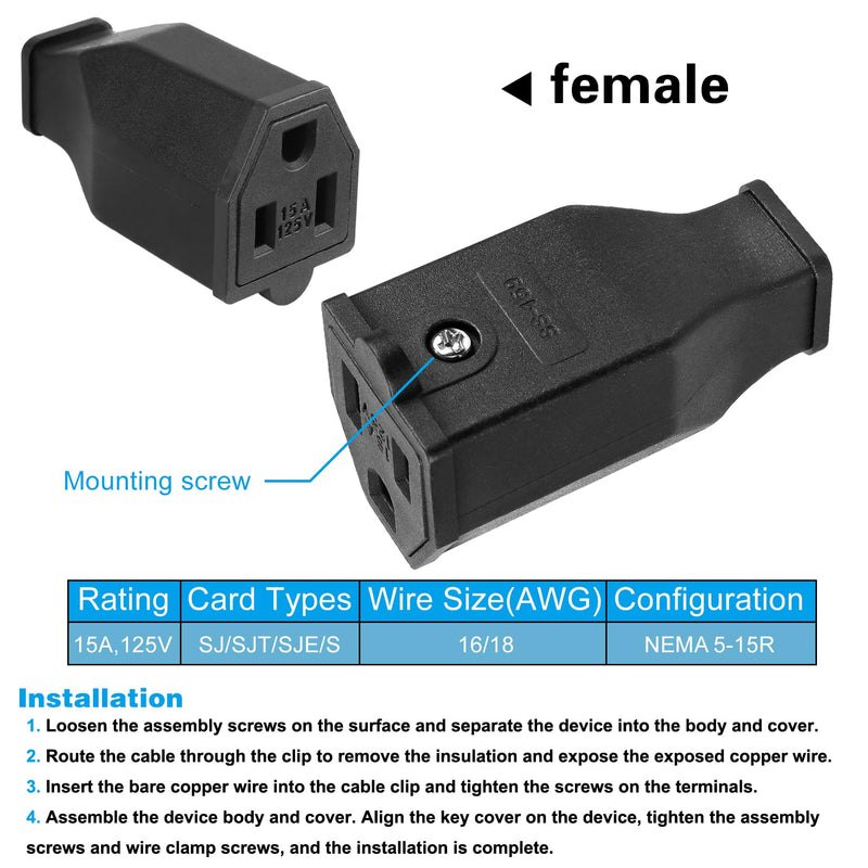 TENINYU 2-Pole, 3 Wire Grounding Plug Female Extension Cord Straight Blade Plug Replacement Electrical Connector End, 15A 125V Black,3Pack (Female)
