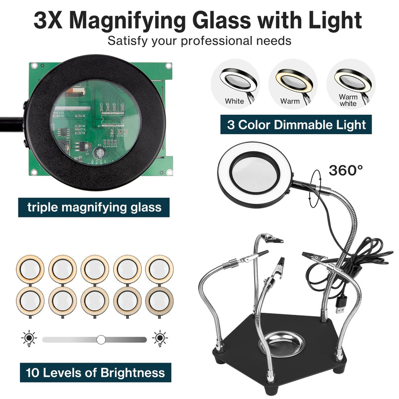 Lytool Helping Hands Soldering Station with 3X Magnifying Glass Dimmable LED, Flexible Helping Hands Soldering with 4 Flexible Arms for Welding Repair Hobby DIY With light