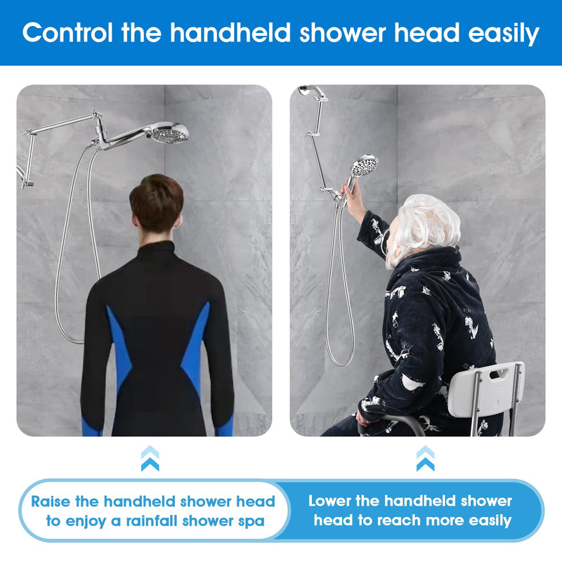 PDPBath Brass 16 Inch Shower Head Extension Arm, Upgrade Flexible Height & Angle Adjustable Shower Arm Extender with Lock Joints, for Fixed Shower Head & Handheld Shower Head, Chrome 6 Inch + 10 Inch