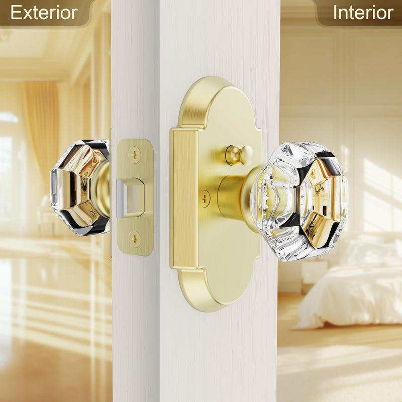 Gold Glass Door Knobs Interior Privacy Crystal Door Knobs with Lock for Bedroom/Bathroom, Satin Brass (1 Pack)