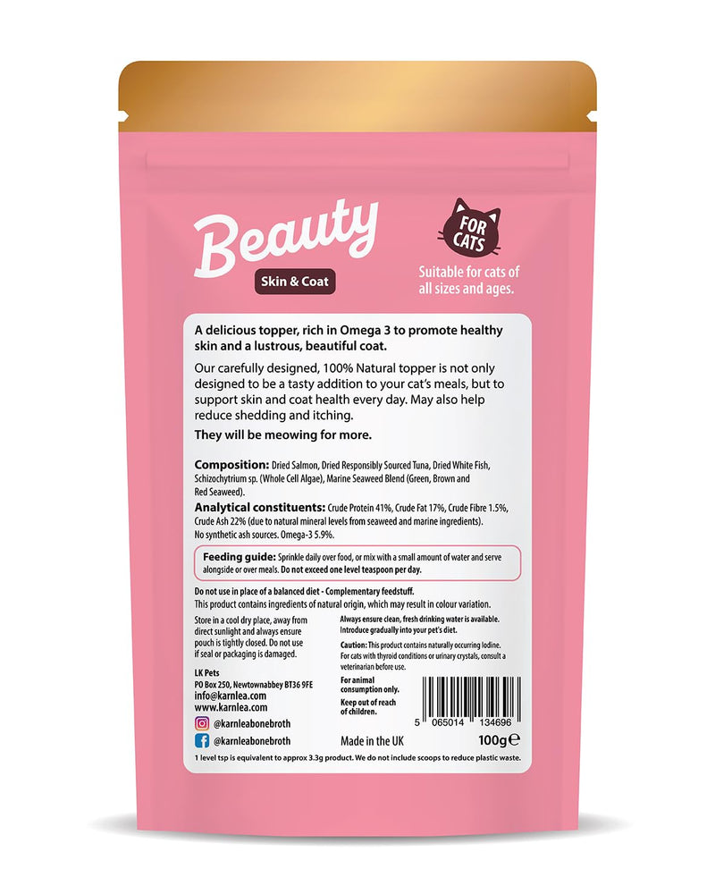 Beauty for Cats 100g | Skin & Coat Supplement for Cats | Omega 3 for Cat | Less Moulting & Shedding | Dry, Dull Coat | Tasty Topper | Fussy Eaters | Itchy Cats & Immunity | Salmon Oil Alternative Beauty
