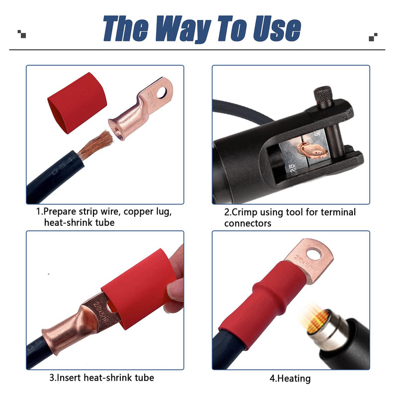 HerMia 20 Pack UL Heavy Duty Wire Lugs 1/0 AWG-1/2'', 1/0 AWG-3/8'' Tubular Ring Terminals Connectors Battery Cable Ends, Bare Copper Eyelets with 3:1 Dual Wall Adhesive Heat Shrink 1/0 AWG KIT
