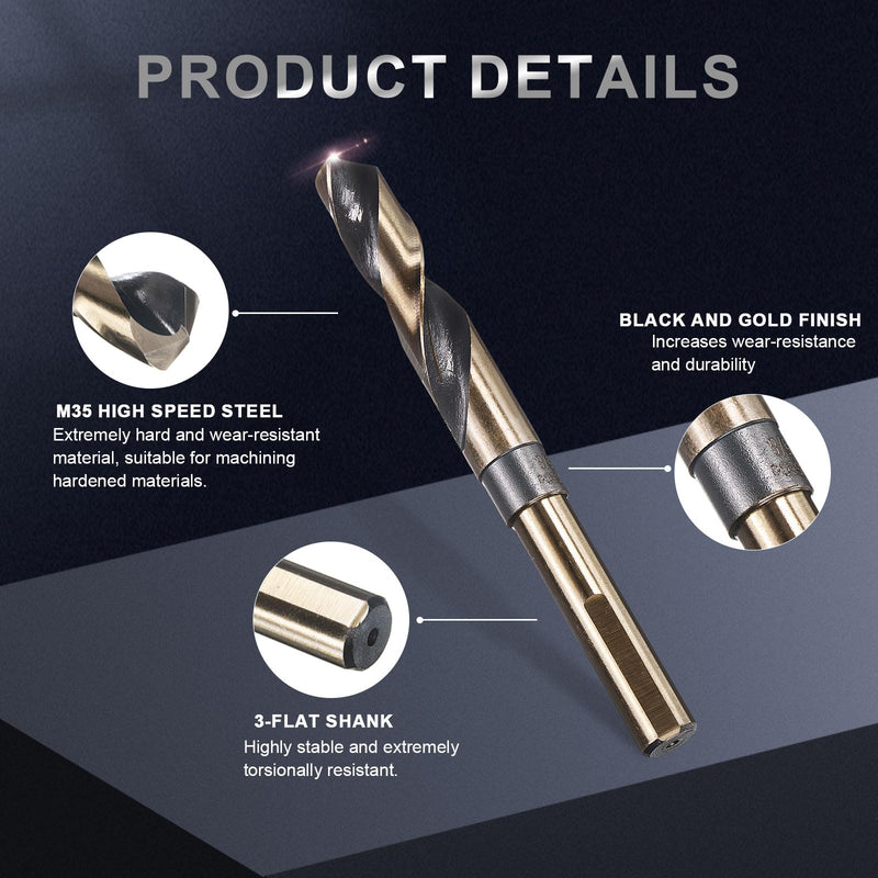 uxcell 3Pcs 5/8" Drill Bit 1/2" Reduced Shank M35 Cobalt 5% High-Speed Steel Twist Black and Gold Finish 135° Drill for High Hardness Materials 5/8 in
