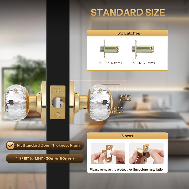 Crystal Door Knobs with Lock and Keys, Interior Crystal Glass Door Knobs with Privacy Lock Diamond Crystal Door Knob for Bedroom Bathroom, Gold 1 Pack Privacy function (with key)